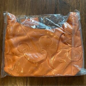 New orange lunch bag tote embroidered navy